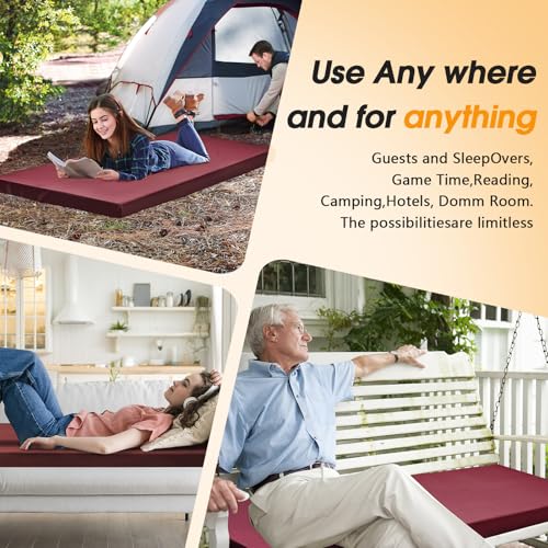 CYMULA Camping Cot Mattress 2in Memory Foam Sleeping Pad,Soft Warm Non-Slip Camping Mattress Topper with Retaining for Adults,Portable Roll up Pad for Travel(Wine red 75"x30") - Image 4