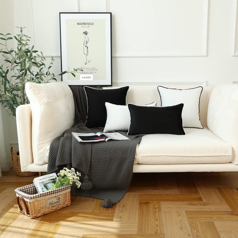 LIGICKY Set of 2 Black Velvet Throw Pillow Covers Modern Minimalist Style Solid Decorative White Rope Edging Soft Square Cushion Cases for Sofa Bedroom Party DÃ©cor, 18 x 18 inch - Image 4