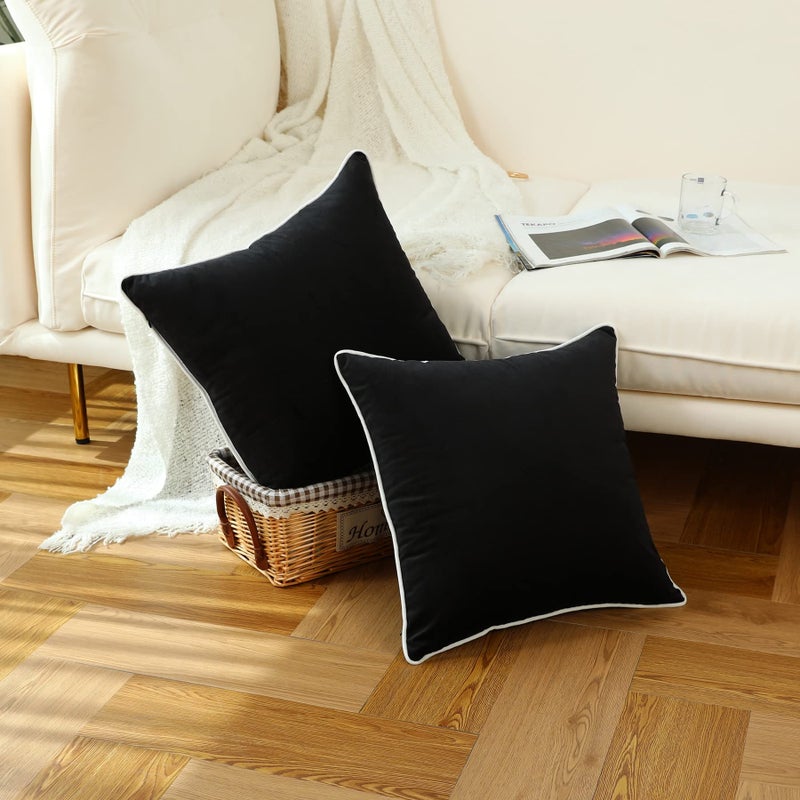 LIGICKY Set of 2 Black Velvet Throw Pillow Covers Modern Minimalist Style Solid Decorative White Rope Edging Soft Square Cushion Cases for Sofa Bedroom Party DÃ©cor, 18 x 18 inch - Image 2