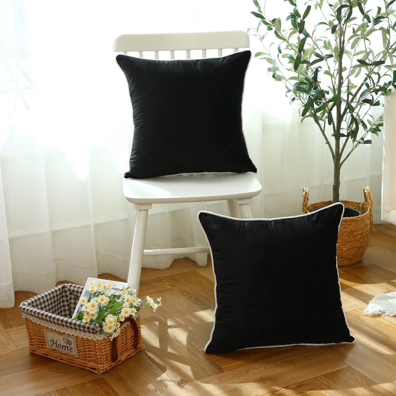 LIGICKY Set of 2 Black Velvet Throw Pillow Covers Modern Minimalist Style Solid Decorative White Rope Edging Soft Square Cushion Cases for Sofa Bedroom Party DÃ©cor, 18 x 18 inch - Image 3