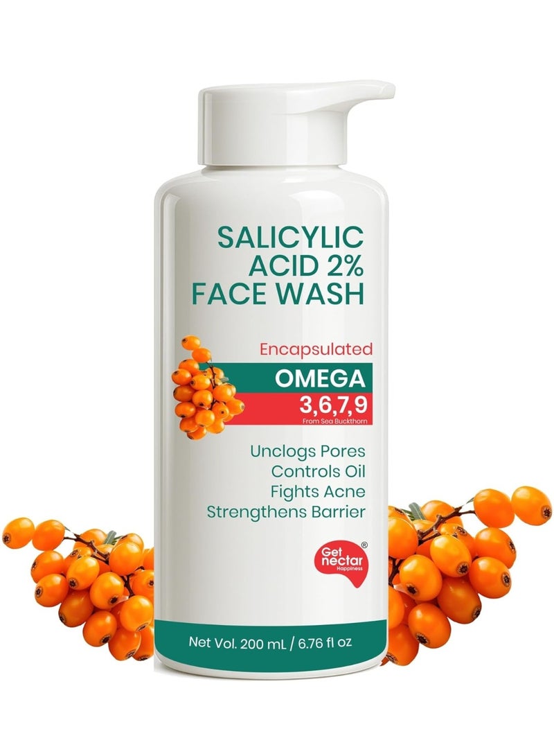 Get Nectar Happiness  2% Salicylic Acid Face Wash for Oily & Acne-Prone Skin | Encapsulated | Omega 3,6,7,9 | Unclogs Pores, Controls Oil, Fights Acne, Soothes Redness 200ml(Pack Of 1) - Image 1
