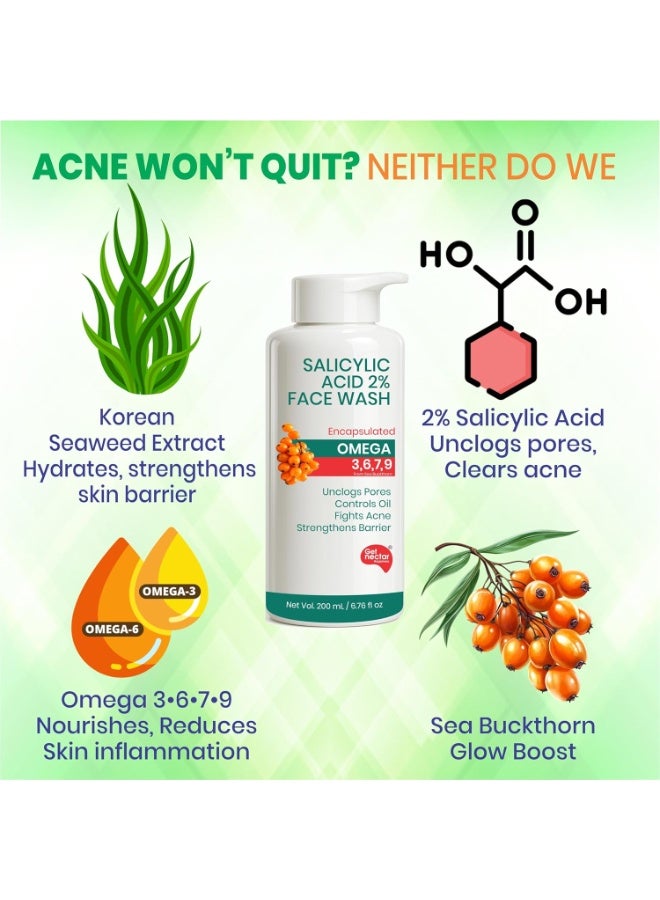 Get Nectar Happiness  2% Salicylic Acid Face Wash for Oily & Acne-Prone Skin | Encapsulated | Omega 3,6,7,9 | Unclogs Pores, Controls Oil, Fights Acne, Soothes Redness 200ml(Pack Of 1) - Image 3