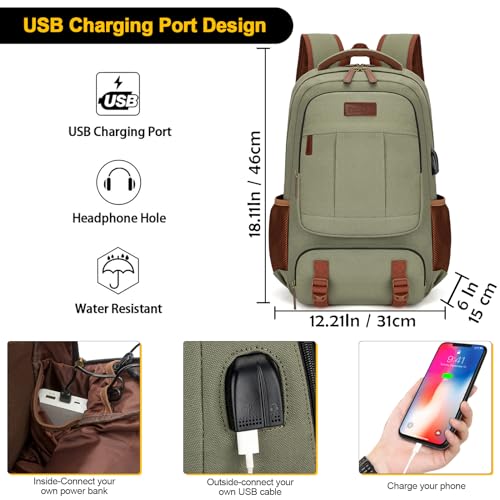 Tzowla Canvas Laptop Backpack, Bag for Men Women,Travel Work Rucksack Fits 15.6 Inch Laptop, Bookbag with USB Charging Port - Image 3