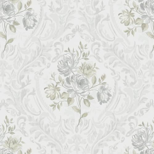 Ismoon Vintage Peel and Stick Wallpaper Floral Contact Paper Boho White and Grey Watercolor Damask Wallpaper Textured Removable Self Adhesive Vinyl Wall Paper for Bedroom 173 in X 3275ft - Image 1