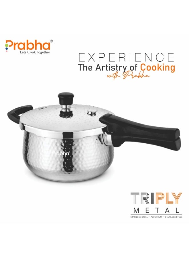 Prabha Tri-Ply Stainless Steel Hammered Kalash Pressure Cooker | Food Grade SS | Induction Base Outer Lid Cooker | Energy Efficient & Durable (Silver) 5 Years Warranty (1.5 Liter) - Image 2