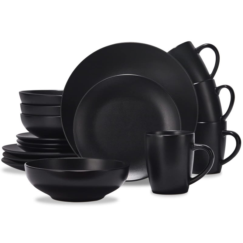 CREATIVELAND Round Stoneware Dinnerware Set Durable Kitchen and Dining16 Piece Service For 4Pasta BowlsLarge Salad BowlsPorcelain BowlWide and ShallowMicrowave and Dishwasher Safe Matte Black