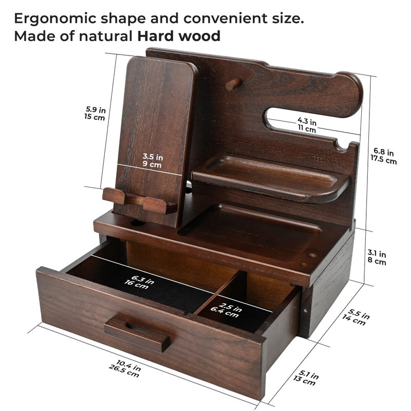 Teslyar Wood Phone Docking Station with Drawer | Gifts for Men (Choco) - Image 5