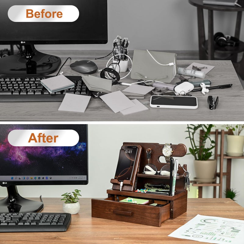 Teslyar Wood Phone Docking Station with Drawer | Gifts for Men (Choco) - Image 3
