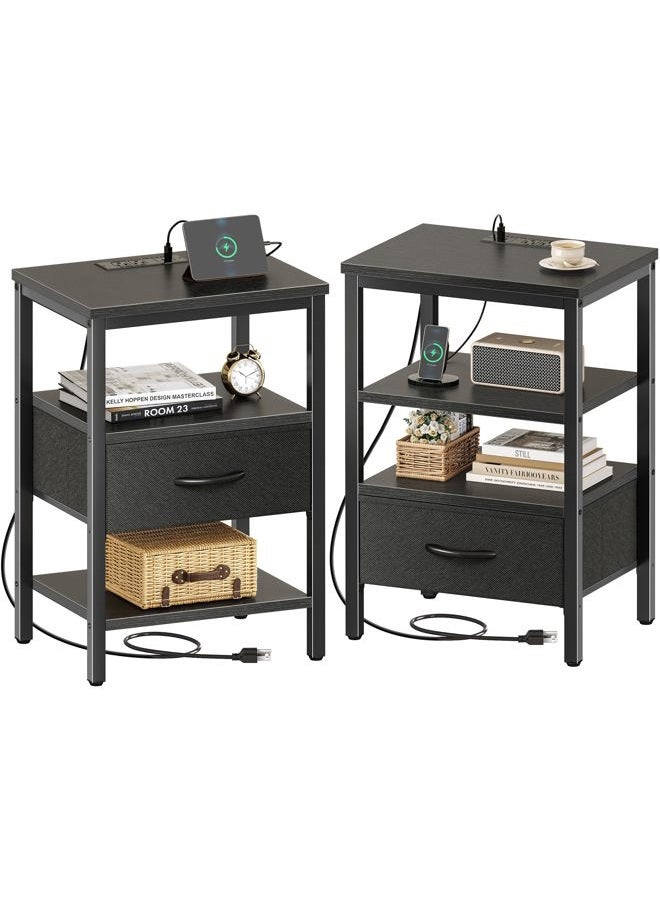 SUPERJARE Nightstand Set of 2, Bed Side Tables with Charging Station, Adjustable Fabric Drawer, Night Stand for Bedroom, 3-Tier Storage End Tables, Black - Image 1