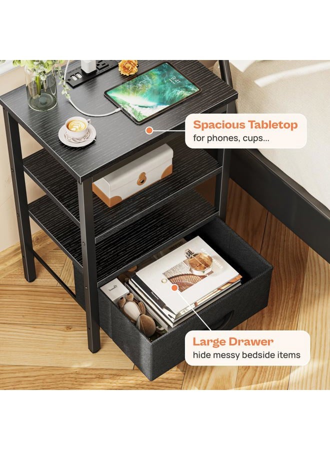SUPERJARE Nightstand Set of 2, Bed Side Tables with Charging Station, Adjustable Fabric Drawer, Night Stand for Bedroom, 3-Tier Storage End Tables, Black - Image 5