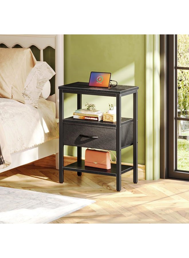 SUPERJARE Nightstand Set of 2, Bed Side Tables with Charging Station, Adjustable Fabric Drawer, Night Stand for Bedroom, 3-Tier Storage End Tables, Black - Image 2