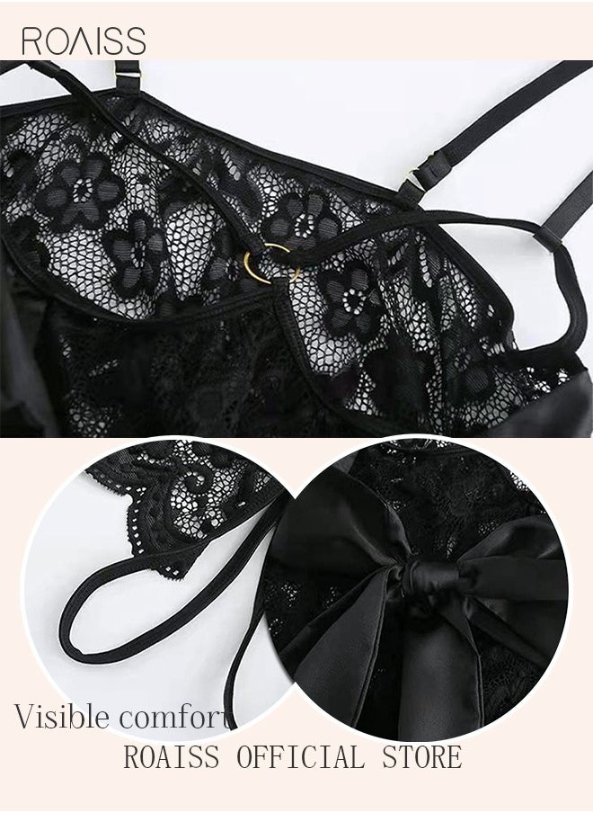 roaiss Sweet Lingerie Lace One-Piece Underwear for Women Uniform Bowknot Bodysuit Sleepwear Black  - Image 2