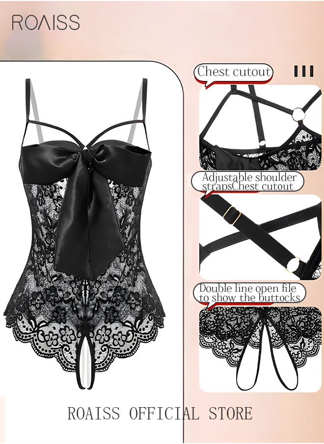 roaiss Sweet Lingerie Lace One-Piece Underwear for Women Uniform Bowknot Bodysuit Sleepwear Black  - Image 1