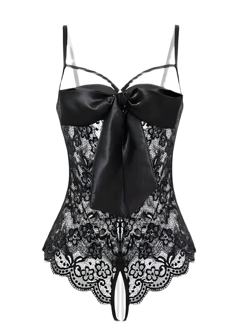 roaiss Sweet Lingerie Lace One-Piece Underwear for Women Uniform Bowknot Bodysuit Sleepwear Black  - Image 3