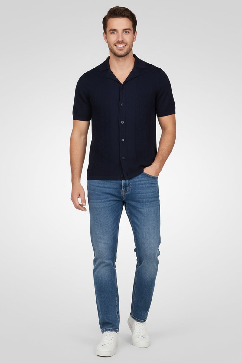 Threadbare Men Regular Fit Knitted Short Sleeve Casual Shirt, Navy - Image 1