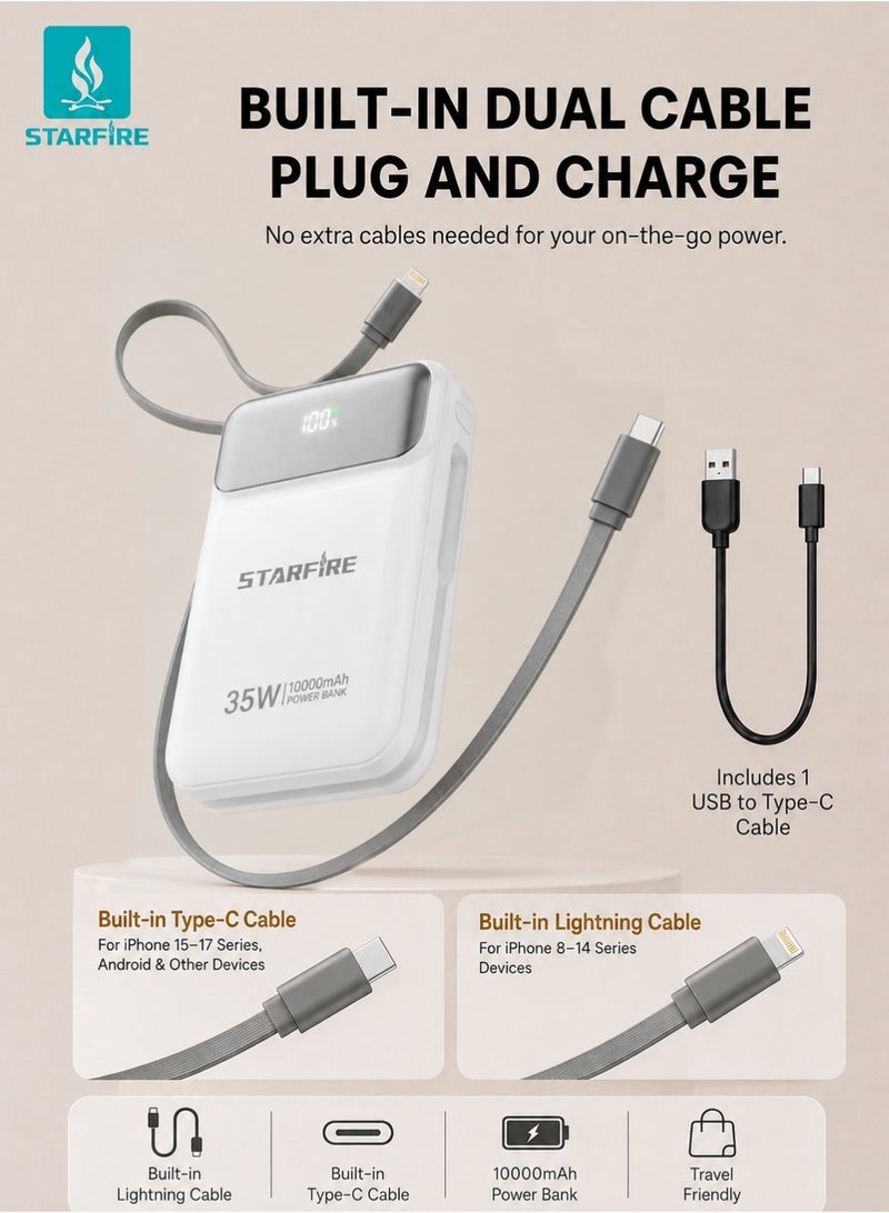STARFIRE 10000mAh 35W Fast Charging Power Bank with Built-in Type-C & Lightning Cables, LED Digital Display, Compact Portable Charger with USB-A to Type-C Cable，iPhone 17 / 17 Pro / 17 Pro Max / iPhone Air / 16 / 15 / 14 / 13 / 12 Series, Samsung Galaxy S25 / S24 / S23 / S22, iPad, Xiaomi, OnePlus, Huawei - Image 3