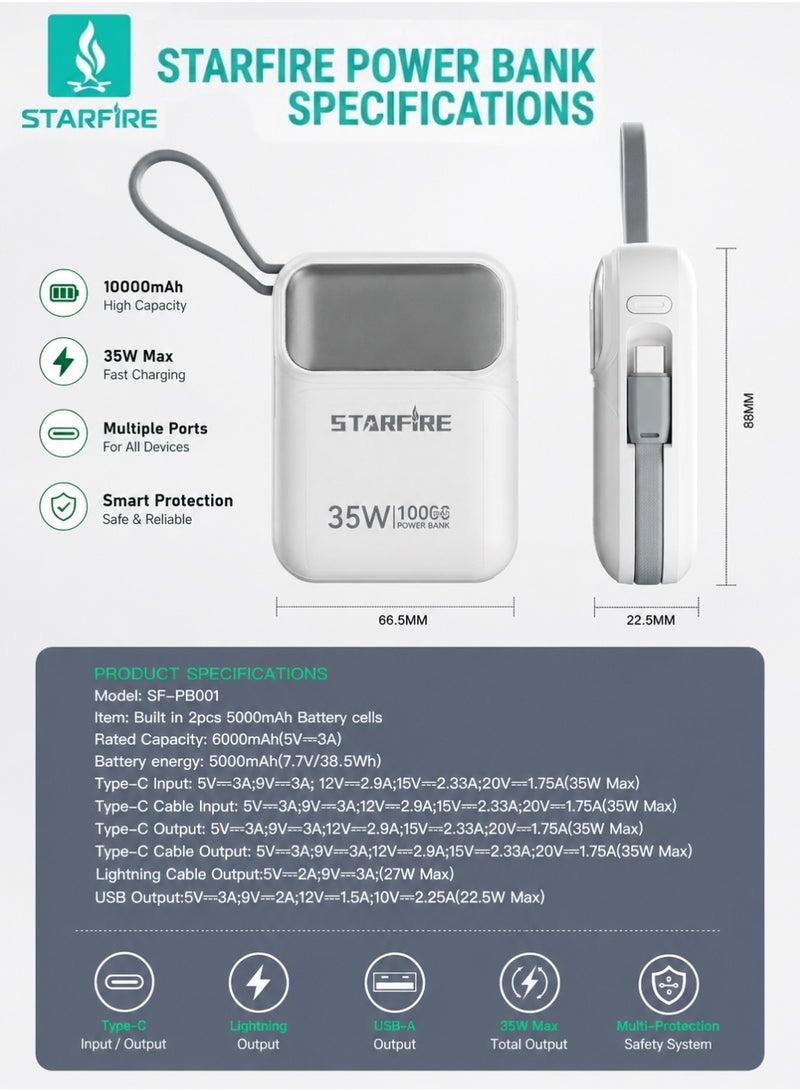 STARFIRE 10000mAh 35W Fast Charging Power Bank with Built-in Type-C & Lightning Cables, LED Digital Display, Compact Portable Charger with USB-A to Type-C Cable，iPhone 17 / 17 Pro / 17 Pro Max / iPhone Air / 16 / 15 / 14 / 13 / 12 Series, Samsung Galaxy S25 / S24 / S23 / S22, iPad, Xiaomi, OnePlus, Huawei - Image 4