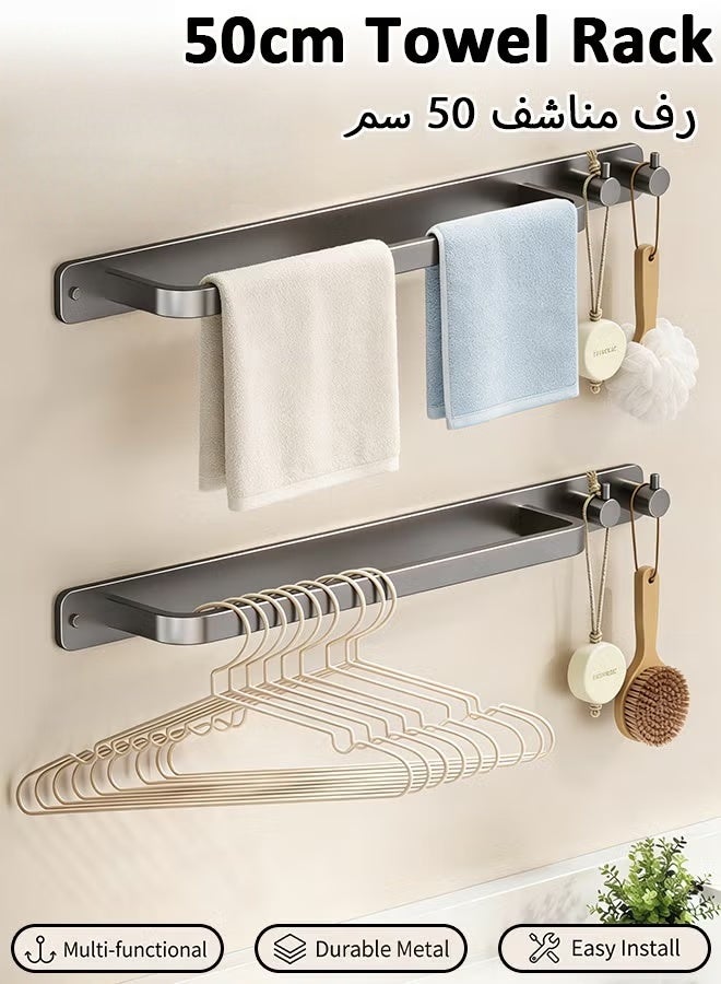 50cm Bathroom Towel Rack, Wall Mount Storage Rack, Slipper Rack with Hooks, Wall-mounted Towel Bar Bathroom Storage Rack, No Punching Required Storage Shelves Shower Organizer Rust-Proof - Image 3