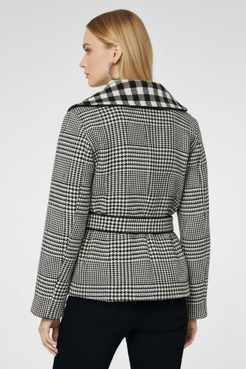 armani Emporio Armani Women Houndstooth Pattern Belted Trench Coats, Grey - Image 5