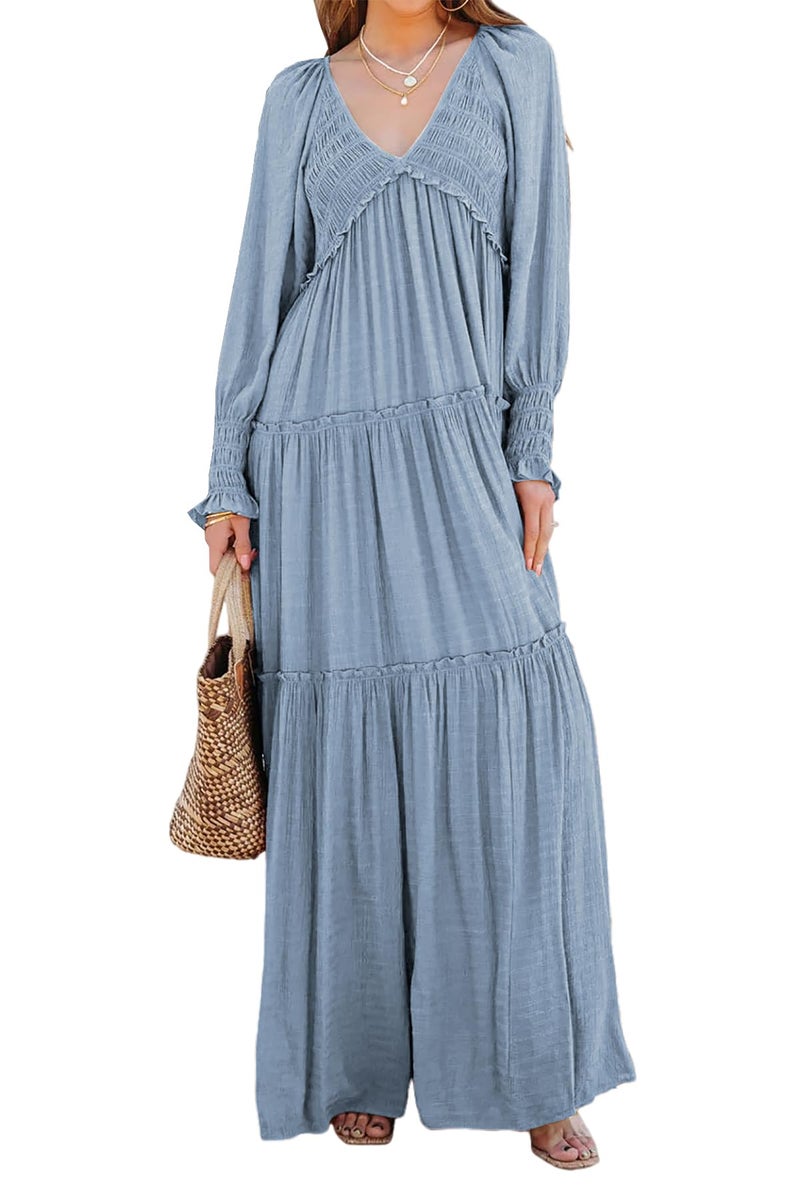 R.Vivimos Maxi Dress for Women Long Sleeve V Neck Empire Waist Layered Ruffle Boho Casual Flowy Long Dresses (Medium, Haze Blue) - Image 4