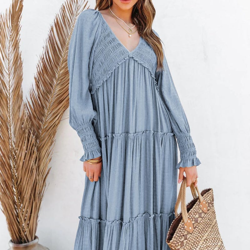 R.Vivimos Maxi Dress for Women Long Sleeve V Neck Empire Waist Layered Ruffle Boho Casual Flowy Long Dresses (Medium, Haze Blue) - Image 5