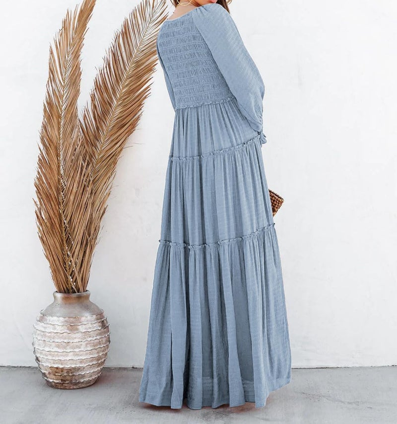 R.Vivimos Maxi Dress for Women Long Sleeve V Neck Empire Waist Layered Ruffle Boho Casual Flowy Long Dresses (Medium, Haze Blue) - Image 3
