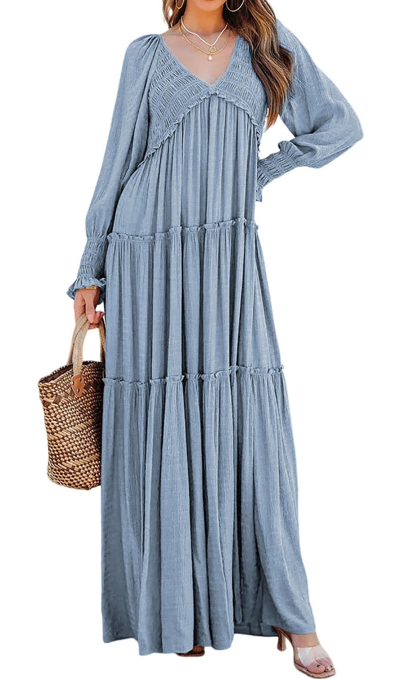 R.Vivimos Maxi Dress for Women Long Sleeve V Neck Empire Waist Layered Ruffle Boho Casual Flowy Long Dresses (Medium, Haze Blue) - Image 1