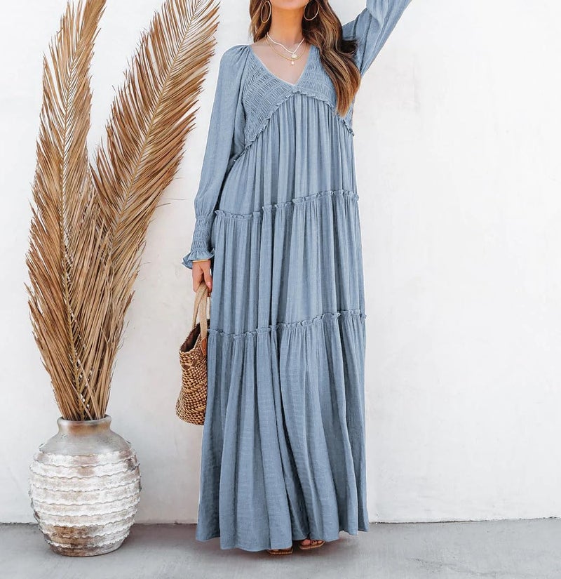 R.Vivimos Maxi Dress for Women Long Sleeve V Neck Empire Waist Layered Ruffle Boho Casual Flowy Long Dresses (Medium, Haze Blue) - Image 2