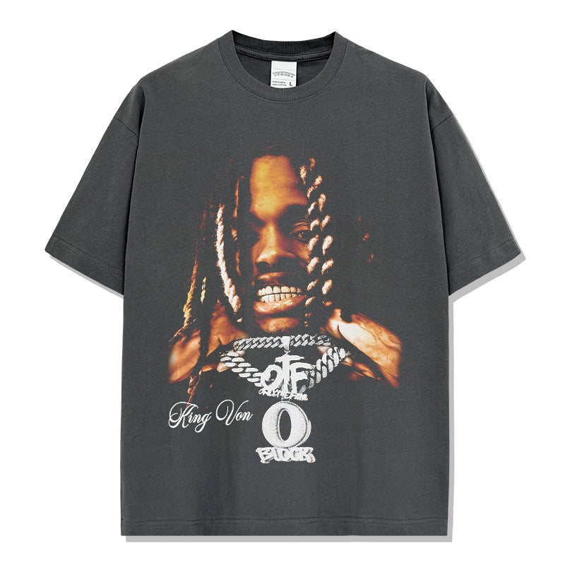 Cross-border American Hip-hop King Von Printed Washed Short-sleeved T-shirt Crewneck Long-sleeved Hooded Sweat Men Charcoal Short Sleeve