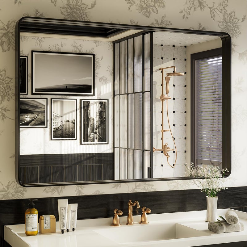 ISKM Black Bathroom Mirror for Wall 48 x 32 Matte Black Framed Vanity Mirror AntiRust Tempered Glass Hangs Horizontal or Vertical