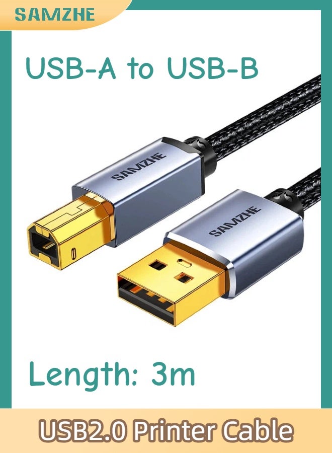 SAMZHE كابل طابعة مضفر USB 2.0 بطول 3 أمتار، كابل طابعة عالي السرعة من USB-A ذكر إلى USB-B ذكر، موصل مطلي بالذهب، غلاف من سبائك الألومنيوم، سرعة نقل 480 ميجابت في الثانية، متوافق مع طابعات HP و Canon و Epson (أسود). - Image 1