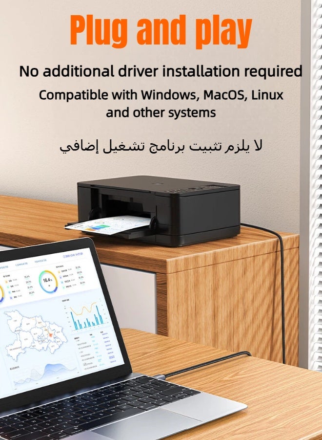SAMZHE كابل طابعة مضفر USB 2.0 بطول 3 أمتار، كابل طابعة عالي السرعة من USB-A ذكر إلى USB-B ذكر، موصل مطلي بالذهب، غلاف من سبائك الألومنيوم، سرعة نقل 480 ميجابت في الثانية، متوافق مع طابعات HP و Canon و Epson (أسود). - Image 5