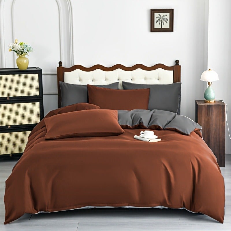5pcs Dual-Style Solid Color Duvet Cover and Pillowcase Set, Brushed Fabric Skin-Friendly All-Season Breathable Comfortable Minimalist Duvet Cover and Pillowcase Set, Includes One Duvet Cover and Four Pillowcases - Image 1