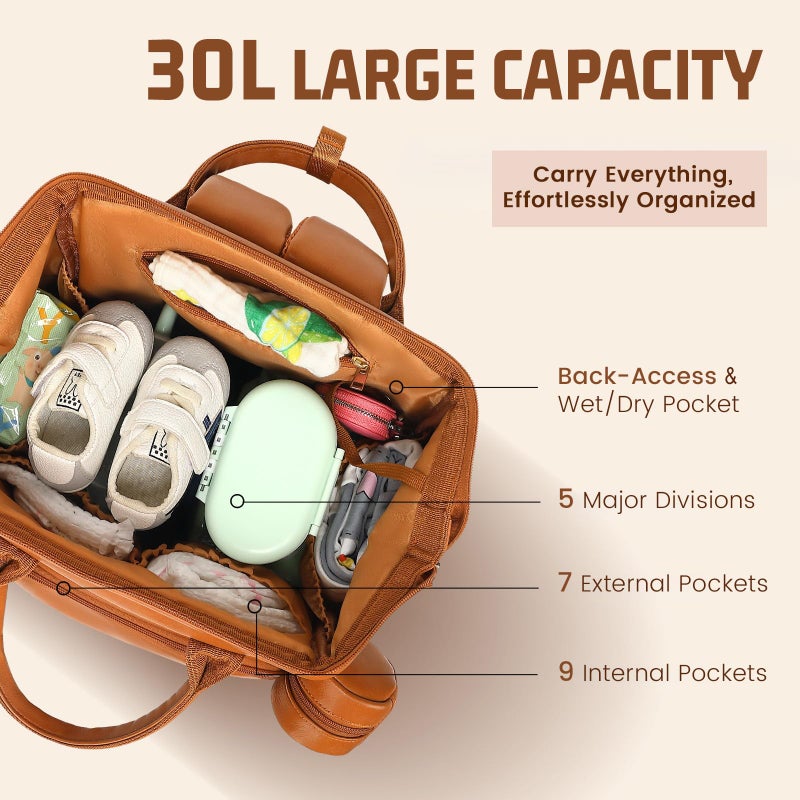 ROSEGIN Premium Vegan Leather Diaper Bag Backpack with Waterproof Changing Pad â€“ Reinforced Stitching & Zippers, Baby Bag for Boy Girl, Stroller Straps, Ergonomic Design for Traveling Moms, Brown - Image 2