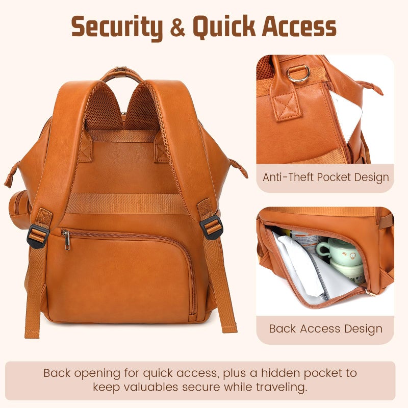ROSEGIN Premium Vegan Leather Diaper Bag Backpack with Waterproof Changing Pad â€“ Reinforced Stitching & Zippers, Baby Bag for Boy Girl, Stroller Straps, Ergonomic Design for Traveling Moms, Brown - Image 4