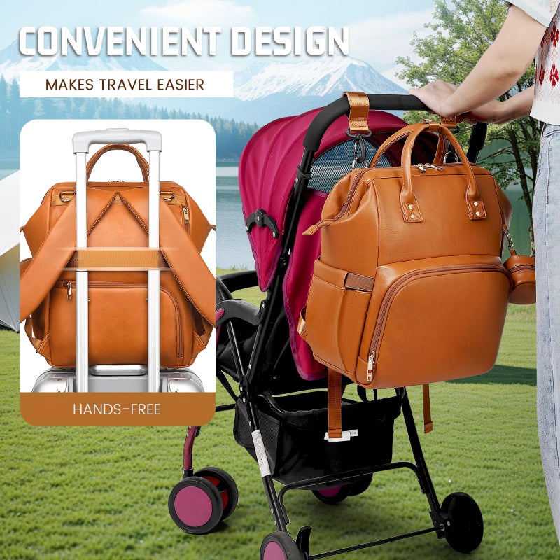 ROSEGIN Premium Vegan Leather Diaper Bag Backpack with Waterproof Changing Pad â€“ Reinforced Stitching & Zippers, Baby Bag for Boy Girl, Stroller Straps, Ergonomic Design for Traveling Moms, Brown - Image 5