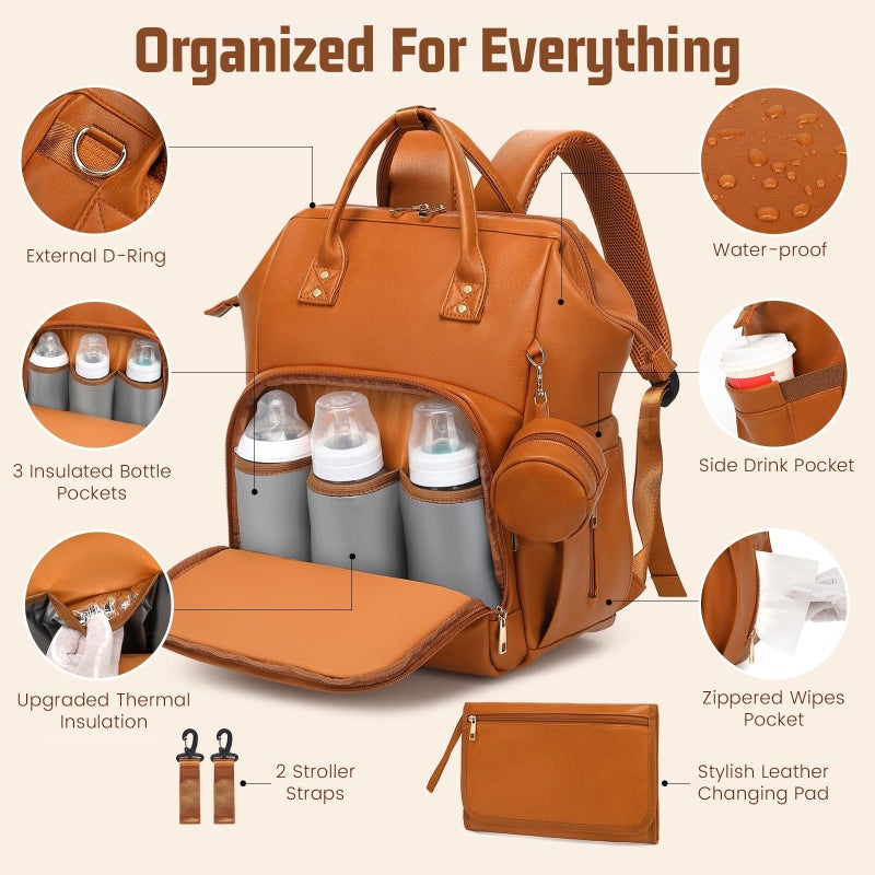 ROSEGIN Premium Vegan Leather Diaper Bag Backpack with Waterproof Changing Pad â€“ Reinforced Stitching & Zippers, Baby Bag for Boy Girl, Stroller Straps, Ergonomic Design for Traveling Moms, Brown - Image 3