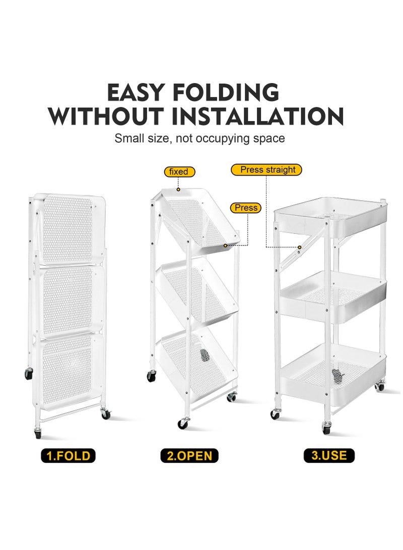 DURKU Multipurpose Metal Rolling Utility Cart Organizer for Kitchen, Bedroom, Bathroom, Office, Laundry Room, and Garage - 3 Tier Foldable Trolley with Casters - White Color - 46x30x76cm Dimensions - Image 2