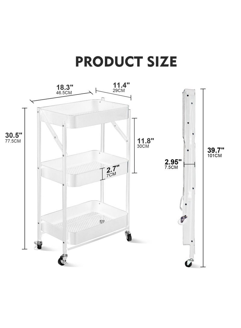 DURKU Multipurpose Metal Rolling Utility Cart Organizer for Kitchen, Bedroom, Bathroom, Office, Laundry Room, and Garage - 3 Tier Foldable Trolley with Casters - White Color - 46x30x76cm Dimensions - Image 4