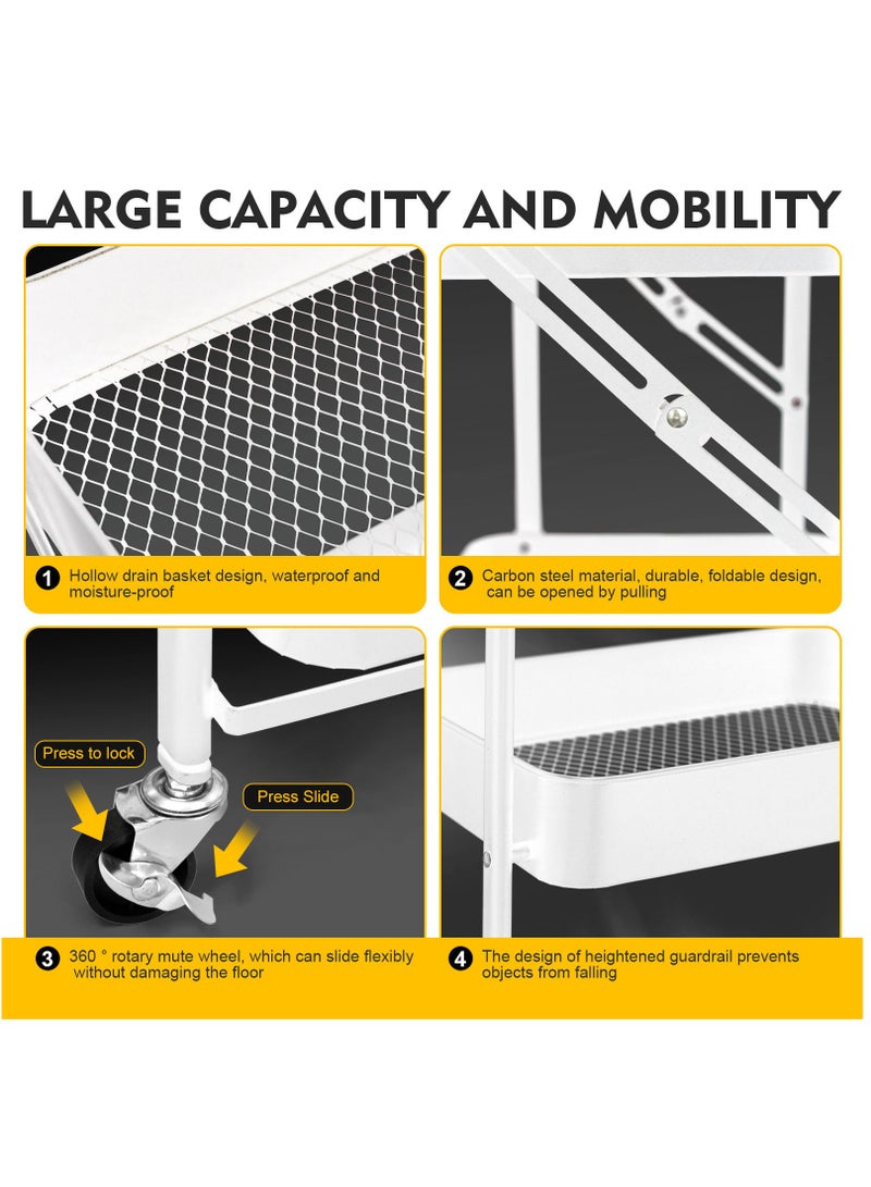 DURKU Multipurpose Metal Rolling Utility Cart Organizer for Kitchen, Bedroom, Bathroom, Office, Laundry Room, and Garage - 3 Tier Foldable Trolley with Casters - White Color - 46x30x76cm Dimensions - Image 5