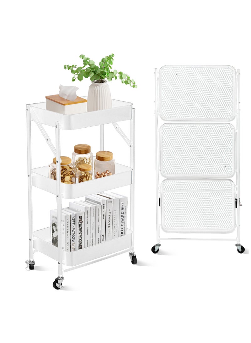 DURKU Multipurpose Metal Rolling Utility Cart Organizer for Kitchen, Bedroom, Bathroom, Office, Laundry Room, and Garage - 3 Tier Foldable Trolley with Casters - White Color - 46x30x76cm Dimensions - Image 1