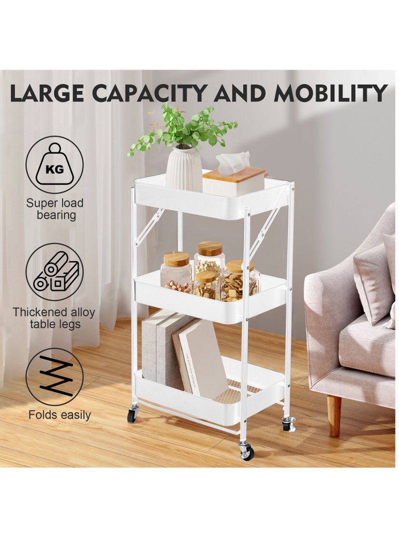 DURKU Multipurpose Metal Rolling Utility Cart Organizer for Kitchen, Bedroom, Bathroom, Office, Laundry Room, and Garage - 3 Tier Foldable Trolley with Casters - White Color - 46x30x76cm Dimensions - Image 3
