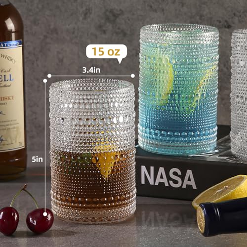 Amyoole 15oz Hobnail Drinking Glasses Set of 6,Clear Vintage Glassware Embossed Water Tumbler,Cocktail Glass Cups for Beer,Whiskey,Juice and Various Mixed Drinks - Image 2