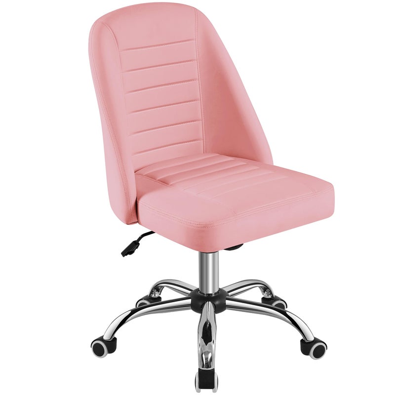 Yaheetech Mid Back PU Leather Armless Desk Office Chair Modern Comfy Vanity Chair with Rolling Wheels Metal Base Pink
