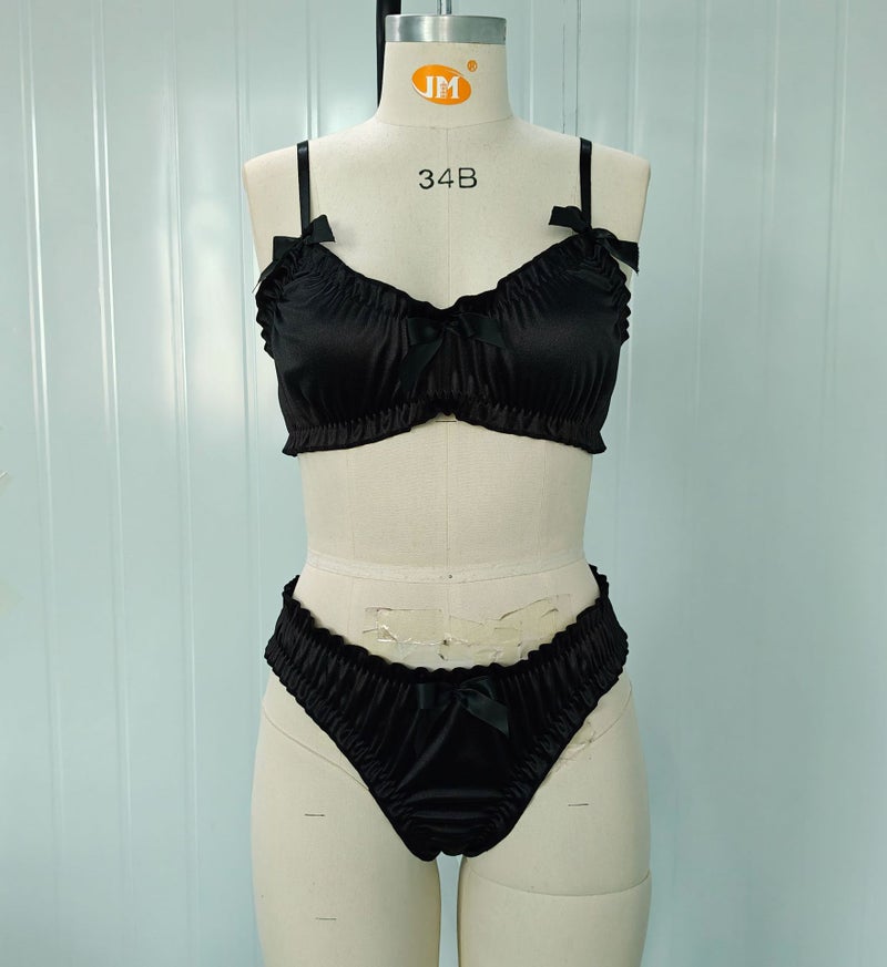 New Satin Wire-Free With Bow Exquisite Intimates Set Two-Piece Set - Image 1