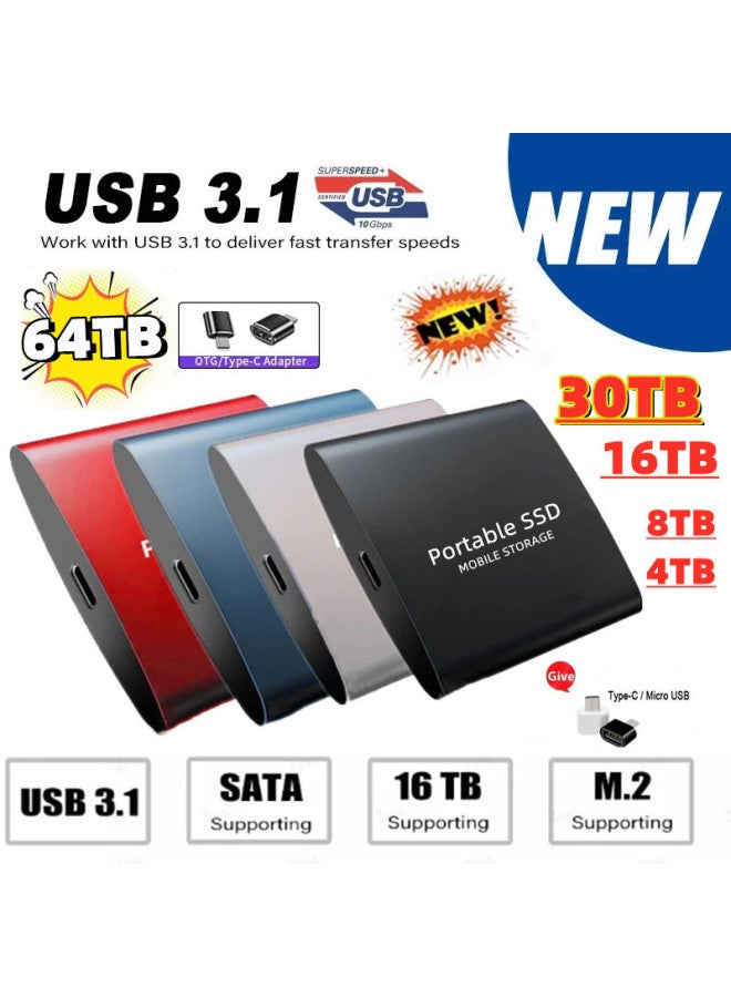 Upgrade Of 500GB-16TB Portable SSD For Solid State Mobile Hard Disk-Capacity:128TB-Interface:Red - Image 1