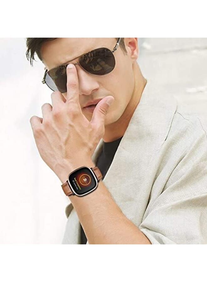 KASTWAVE Leather Bands Compatible With Fit For Fitbit Sense For Fitbit Versa 3 Soft Replacement Band For Women And Men Wristband Strap Accessories For Versa 3 For Versa Sense Smartwatch Brown - Image 3