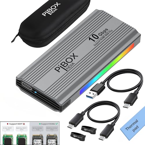 PiBOX India M2 LED Enclosure - Tool-Free M.2 NVMe Case, PCI-E NVMe Reader, USB 3.2 10Gbps, USB-C, Supports M & B&M Keys, 2230/2242/2260/2280 SSDs, REALTEK RTL9210 Chipset - Image 1