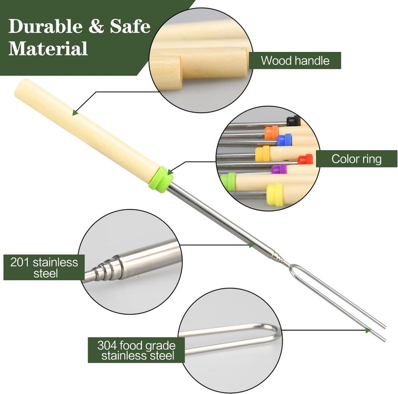 DkOvn طقم 5 عصي شواء مارشميلو، سيخ معدني قابل للتمديد بطول 32 بوصة مع مقبض خشبي، للشواء، الهوت دوغ، التخييم، الشواء، الشواية - Image 4