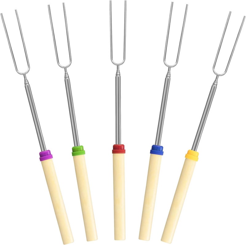 DkOvn طقم 5 عصي شواء مارشميلو، سيخ معدني قابل للتمديد بطول 32 بوصة مع مقبض خشبي، للشواء، الهوت دوغ، التخييم، الشواء، الشواية - Image 1